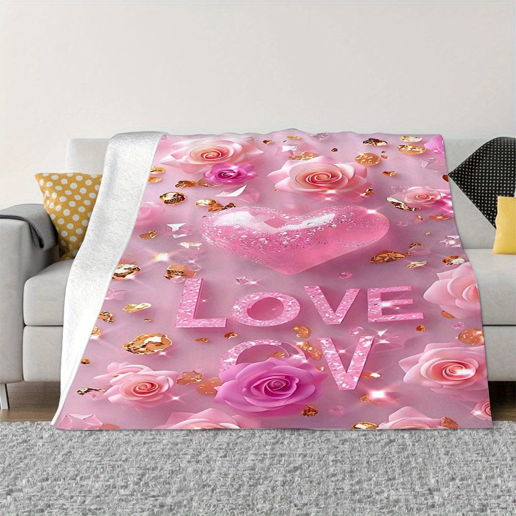 Pink Valentine's Day Throw Blanket Cozy Flannel Fleece with Rose and Heart Design