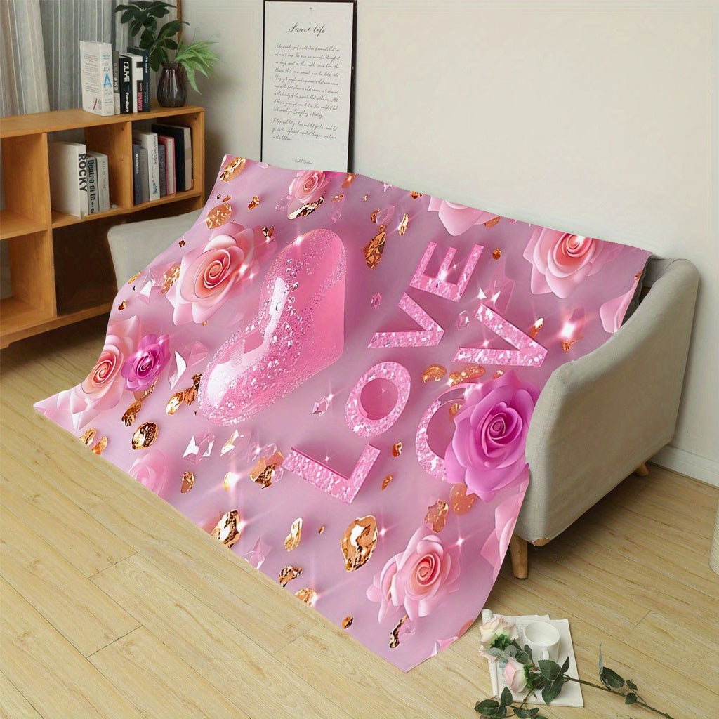 Pink Valentine's Day Throw Blanket Cozy Flannel Fleece with Rose and Heart Design
