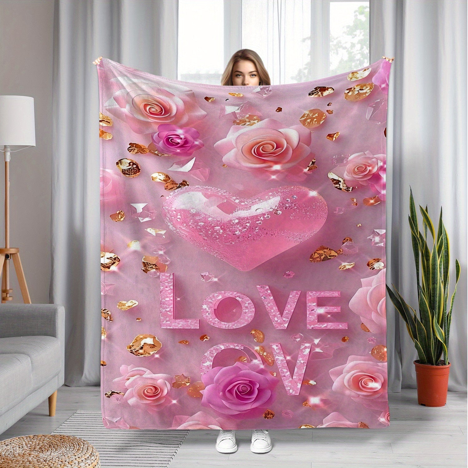 Pink Valentine's Day Throw Blanket Cozy Flannel Fleece with Rose and Heart Design