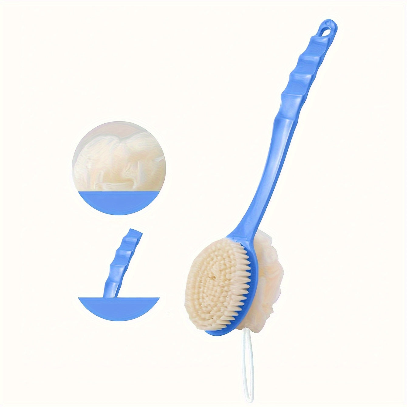Soft Loofah and Bristle Bath Brush with Long Curved Handle for Exfoliation and Cleansing