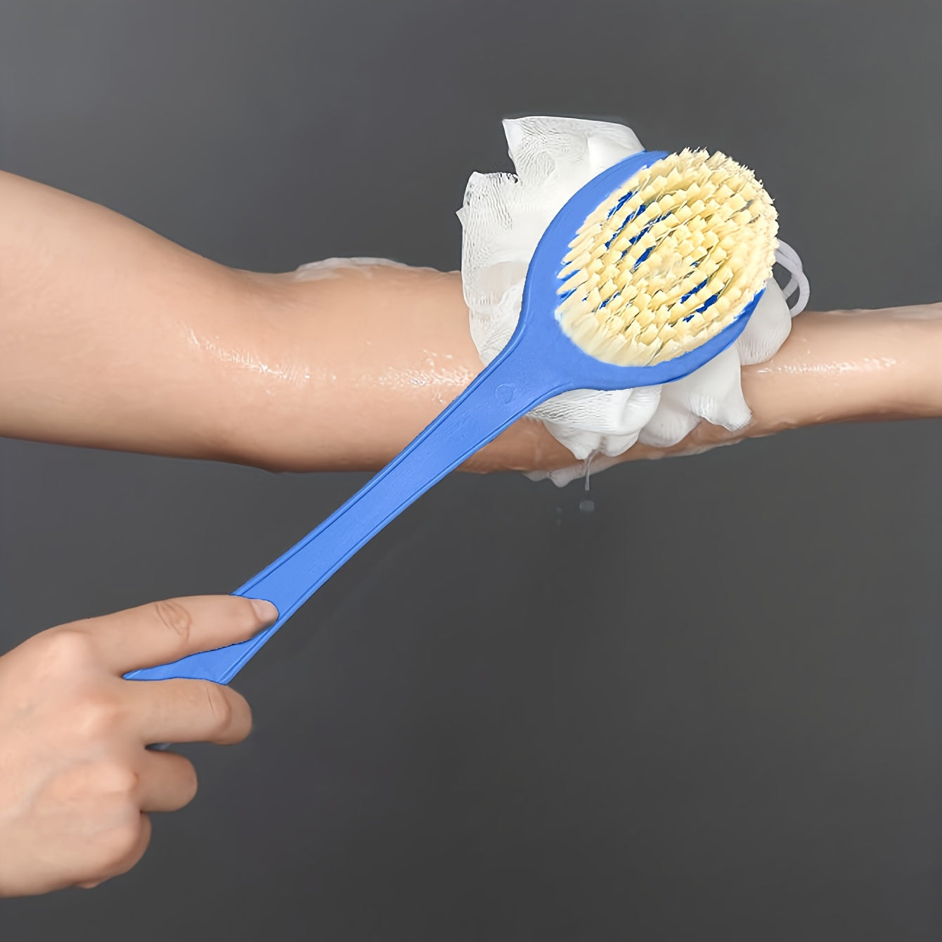 Soft Loofah and Bristle Bath Brush with Long Curved Handle for Exfoliation and Cleansing