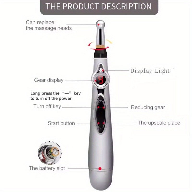 Portable Electric Massage Pen with 9 Speeds, Digital Display, USB Charging, Multiple Heads for Back Waist Legs