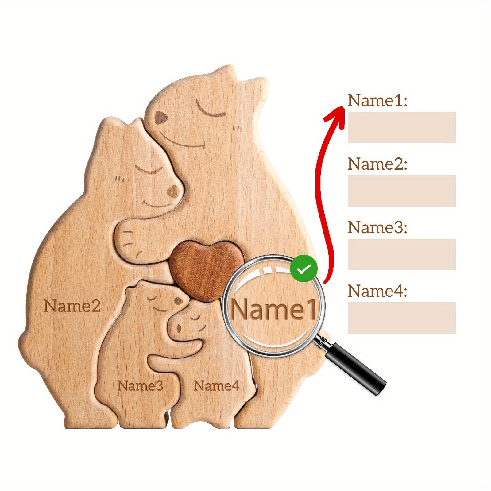 2-5 ta ism bilan shaxsiylashtirilgan yog'och mushuk oilasi puzli. Oila a'zolari uchun ideal sovg'a. Yuqori sifatli dekor va maxsus tug'ilgan kun sovg'asi.