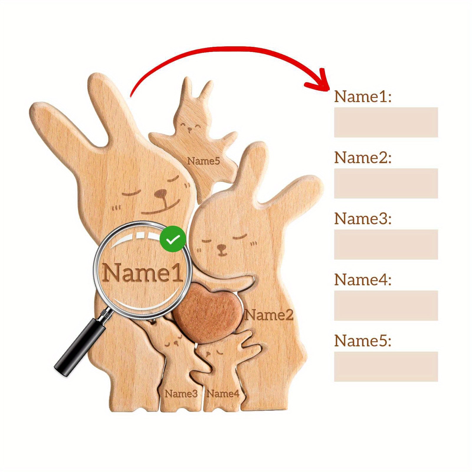 2-5 ta ism bilan shaxsiylashtirilgan yog'och mushuk oilasi puzli. Oila a'zolari uchun ideal sovg'a. Yuqori sifatli dekor va maxsus tug'ilgan kun sovg'asi.