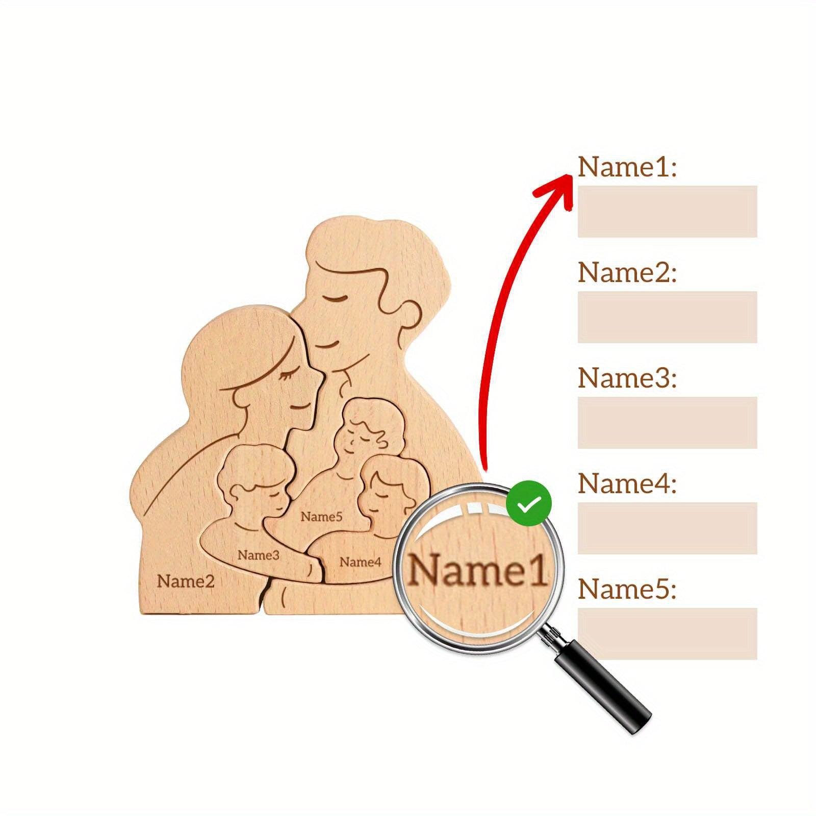 2-5 ta ism bilan shaxsiylashtirilgan yog'och mushuk oilasi puzli. Oila a'zolari uchun ideal sovg'a. Yuqori sifatli dekor va maxsus tug'ilgan kun sovg'asi.
