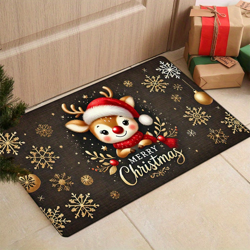 Christmas Reindeer Doormat Non-Slip Polyester Low Pile Flat Woven Entryway Kitchen Floor Mat