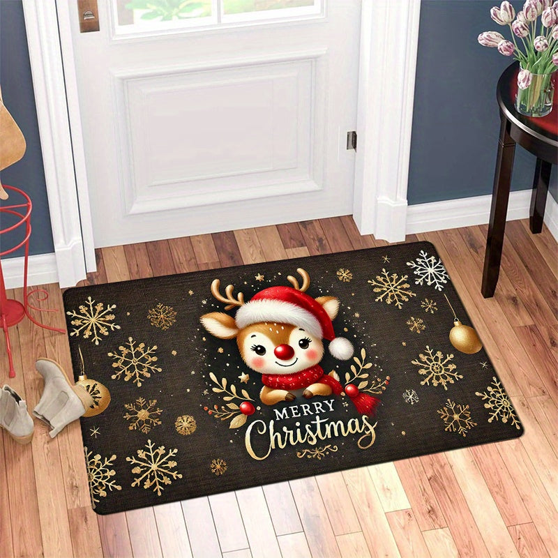 Christmas Reindeer Doormat Non-Slip Polyester Low Pile Flat Woven Entryway Kitchen Floor Mat