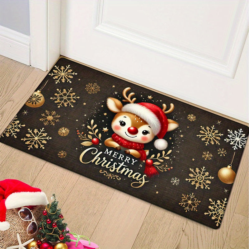 Christmas Reindeer Doormat Non-Slip Polyester Low Pile Flat Woven Entryway Kitchen Floor Mat