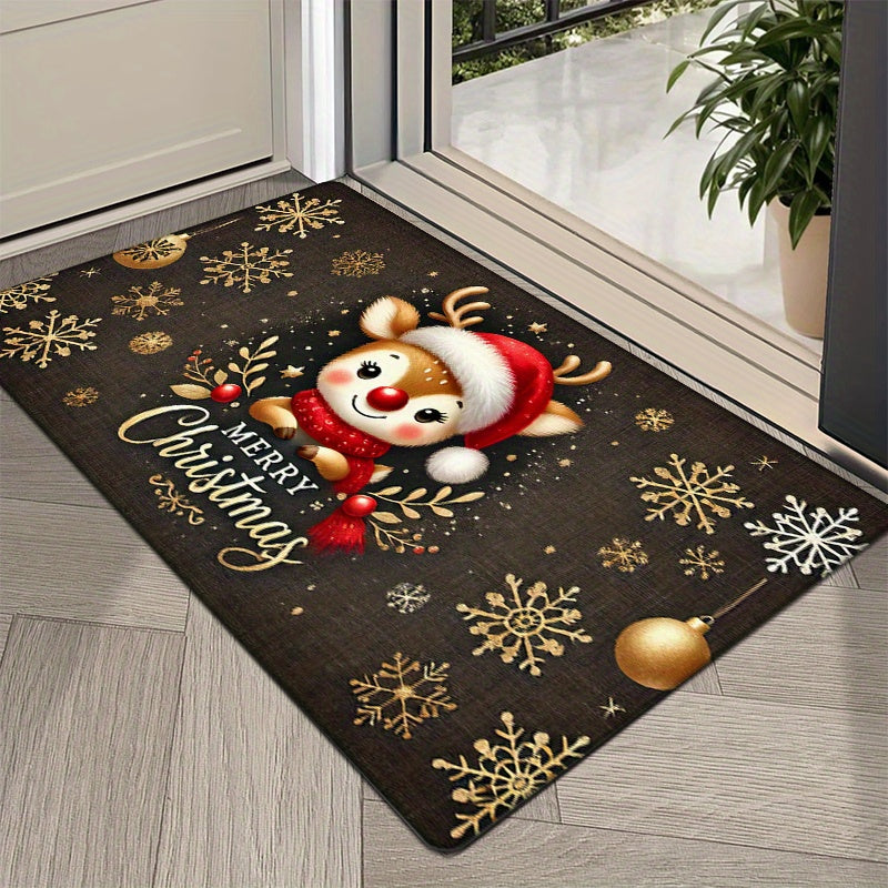 Christmas Reindeer Doormat Non-Slip Polyester Low Pile Flat Woven Entryway Kitchen Floor Mat