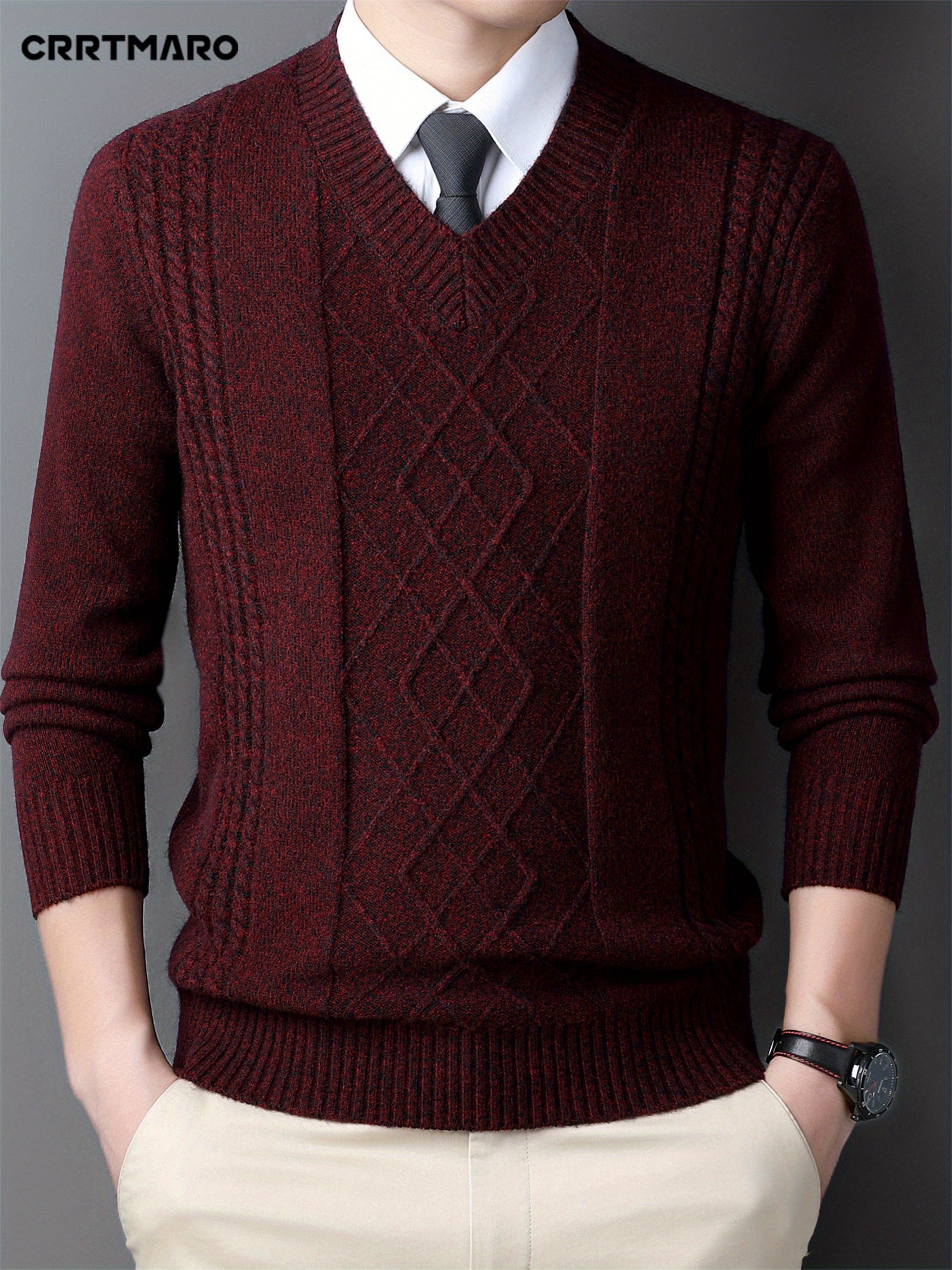 Men's Red V-Neck Sweater with Diamond Pattern Knit Long Sleeve Fall Winter Layering