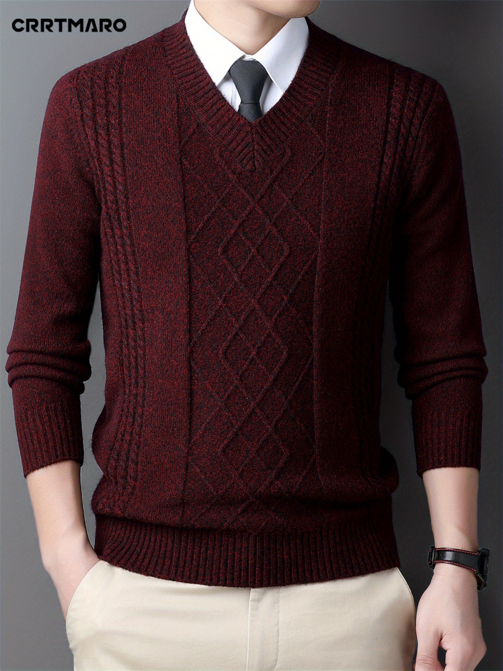 Men's Red V-Neck Sweater with Diamond Pattern Knit Long Sleeve Fall Winter Layering
