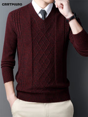 Men's Red V-Neck Sweater with Diamond Pattern Knit Long Sleeve Fall Winter Layering