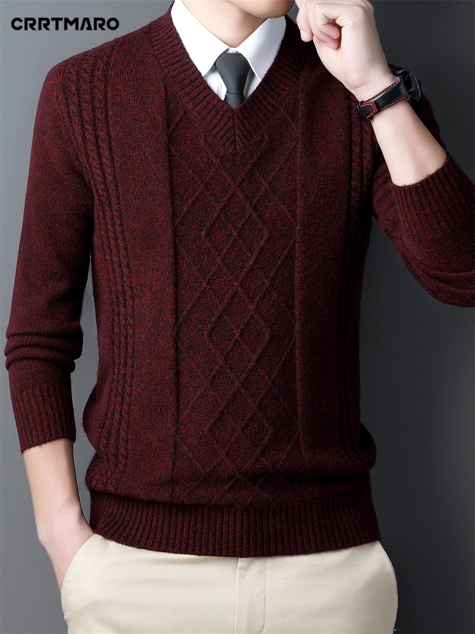 Men's Red V-Neck Sweater with Diamond Pattern Knit Long Sleeve Fall Winter Layering