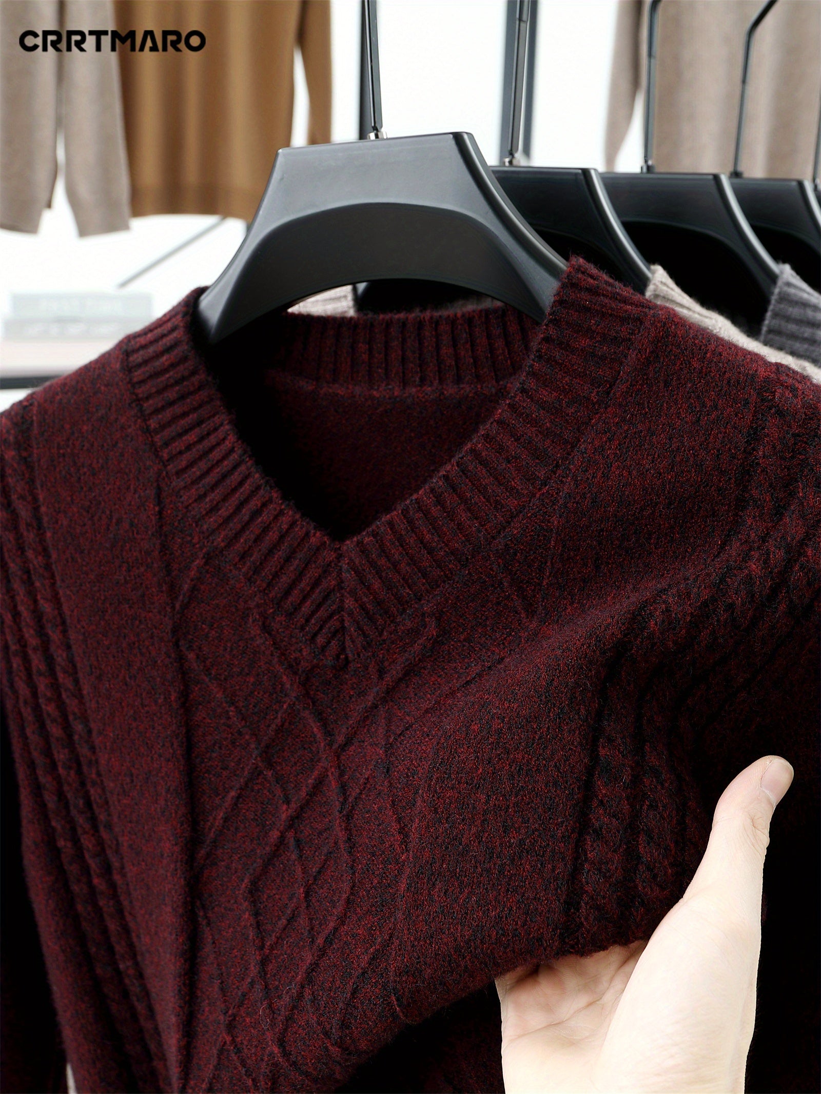 Men's Red V-Neck Sweater with Diamond Pattern Knit Long Sleeve Fall Winter Layering