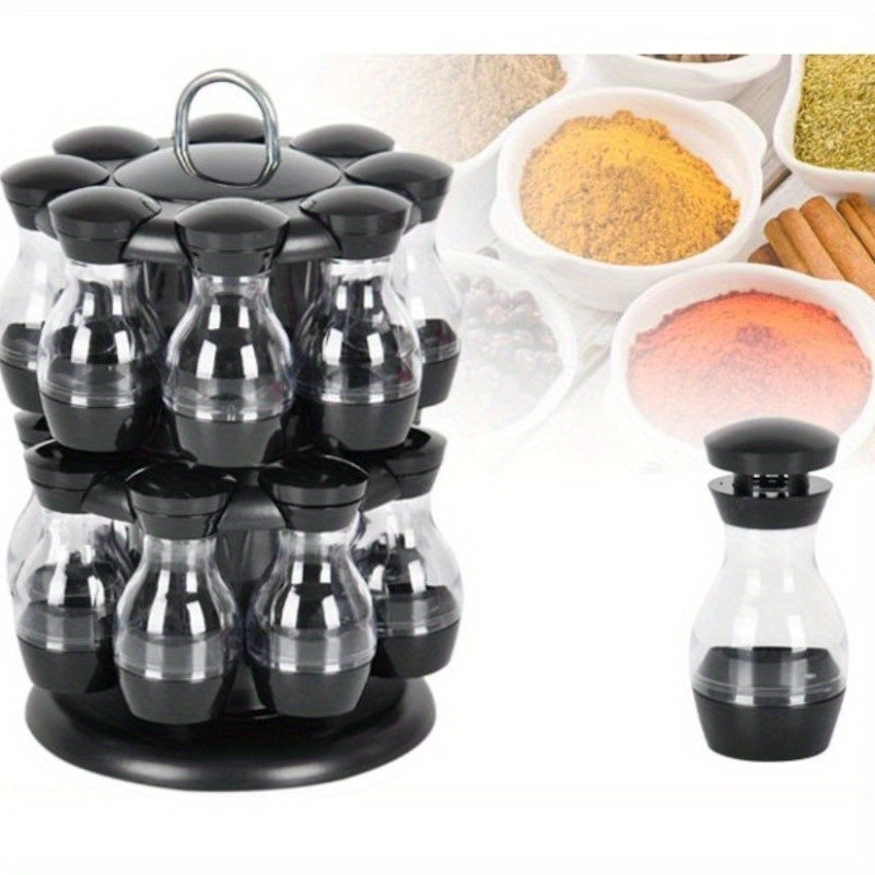 Set of 16 Spice Jars with Rotating Rack Stainless Steel Handle Kitchen Organizer