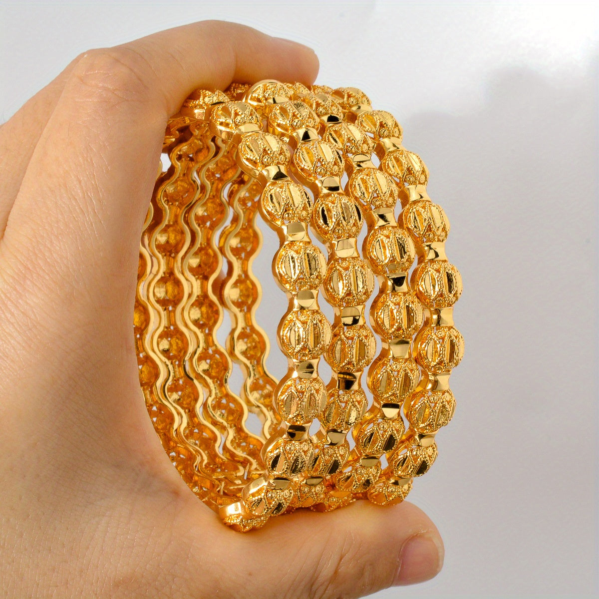 Luxury Gold Copper Bracelet Set for Women Geometric Carved Round Jewelry Gift for Wedding and Gift