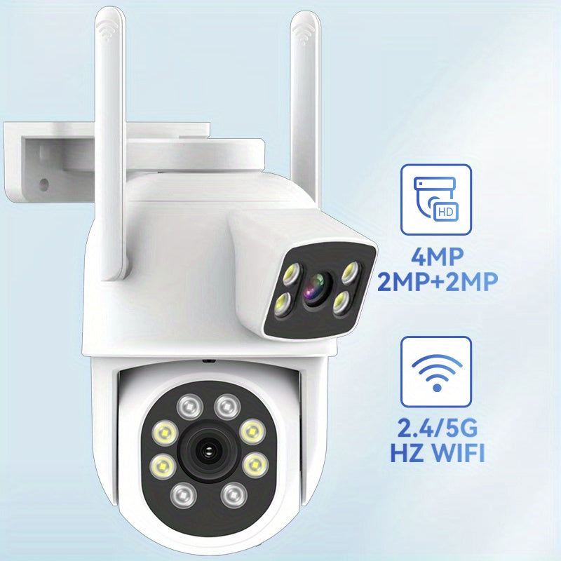 Представляем PTZ-камеру безопасности ZHXINSD с двумя объективами - разрешение 4 МП, степень защиты IP65, цветная ночная съемка, двусторонний аудио, поддержка двухдиапазонного WiFi и совместимость с SD-картами и облачными хранилищами (требуется подписка).