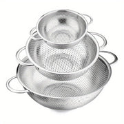 Set of 3 Stainless Steel Strainers with Handles, Microporous Metal Colanders, 1-3-5 Quart Sizes