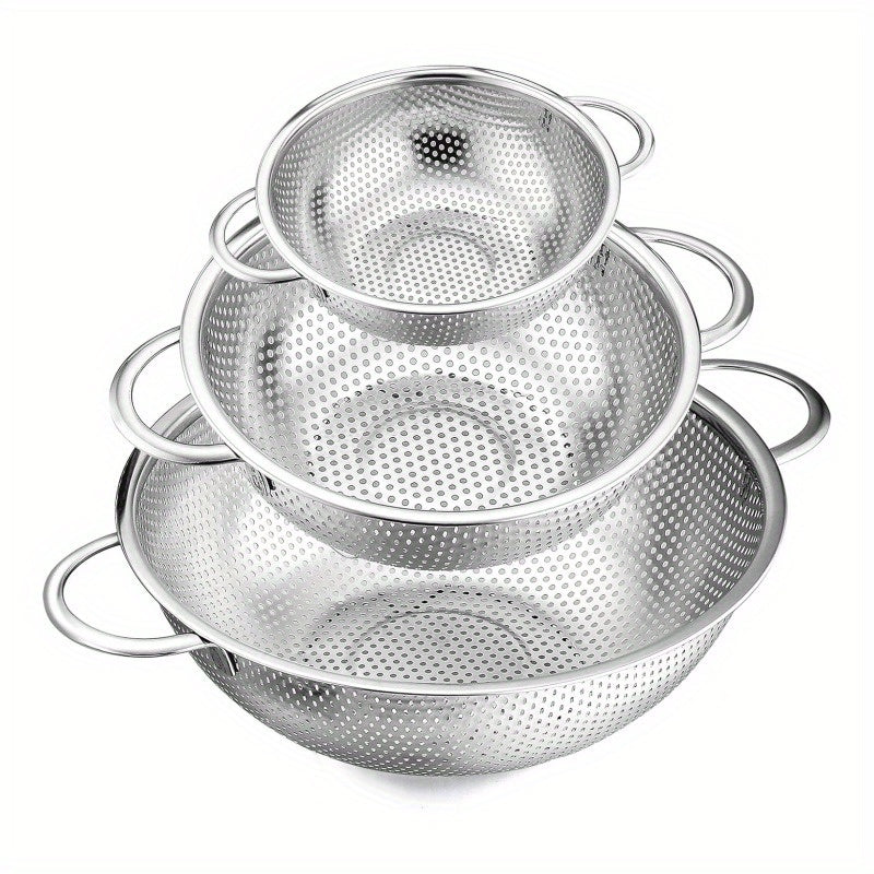 Set of 3 Stainless Steel Strainers with Handles, Microporous Metal Colanders, 1-3-5 Quart Sizes