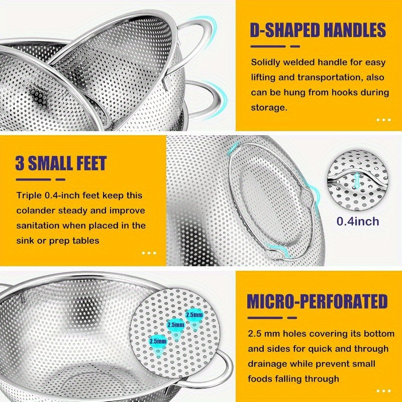 Set of 3 Stainless Steel Strainers with Handles, Microporous Metal Colanders, 1-3-5 Quart Sizes