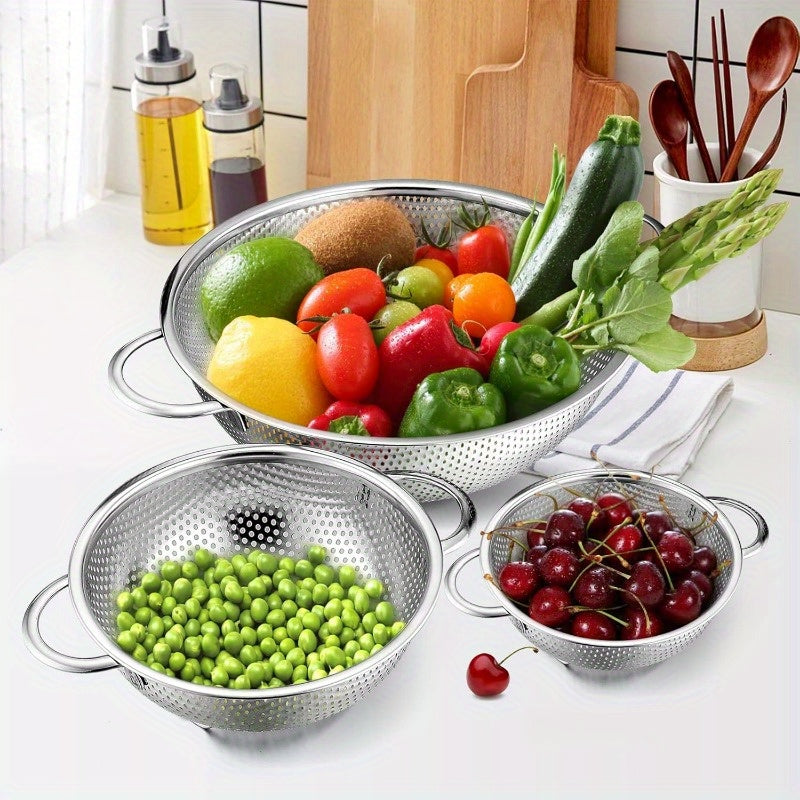 Set of 3 Stainless Steel Strainers with Handles, Microporous Metal Colanders, 1-3-5 Quart Sizes