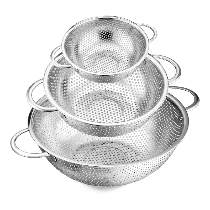 Set of 3 Stainless Steel Strainers with Handles, Microporous Metal Colanders, 1-3-5 Quart Sizes