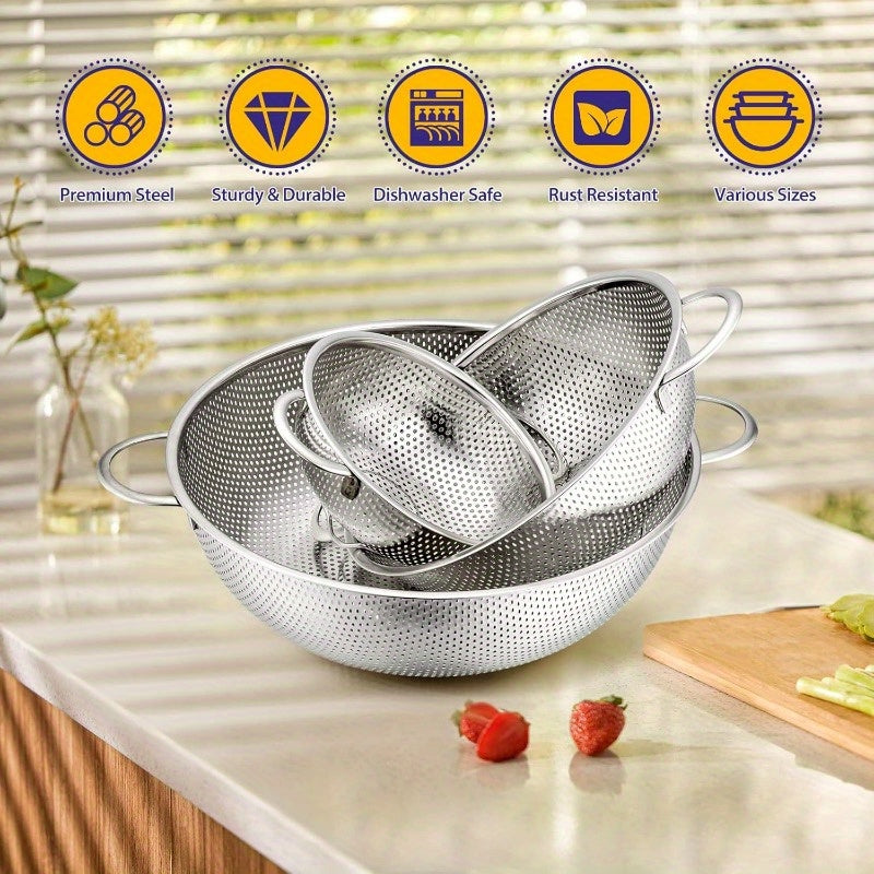 Set of 3 Stainless Steel Strainers with Handles, Microporous Metal Colanders, 1-3-5 Quart Sizes