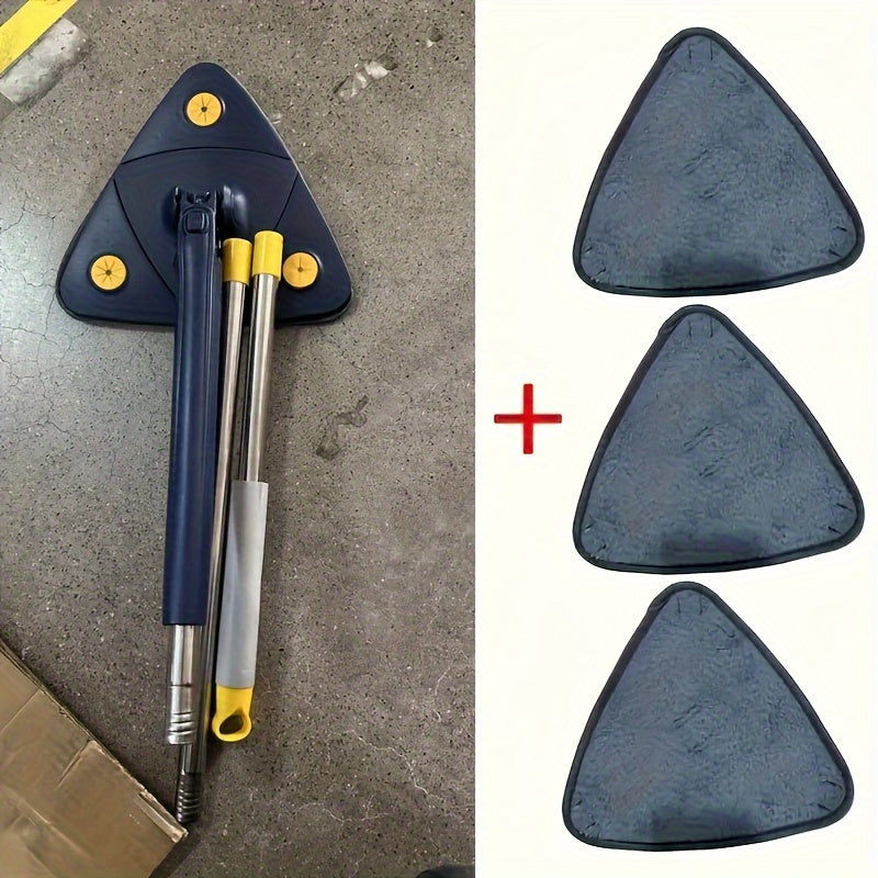 Stainless Steel 360° Rotating Triangle Mop with 3 Cloths and Long Handle