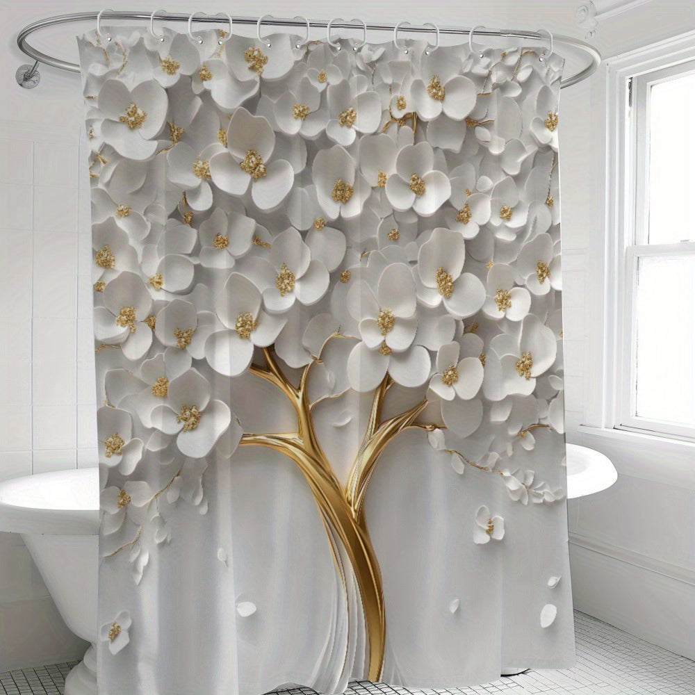 White Floral Waterproof Shower Curtain with 12 Hooks Landscape Theme