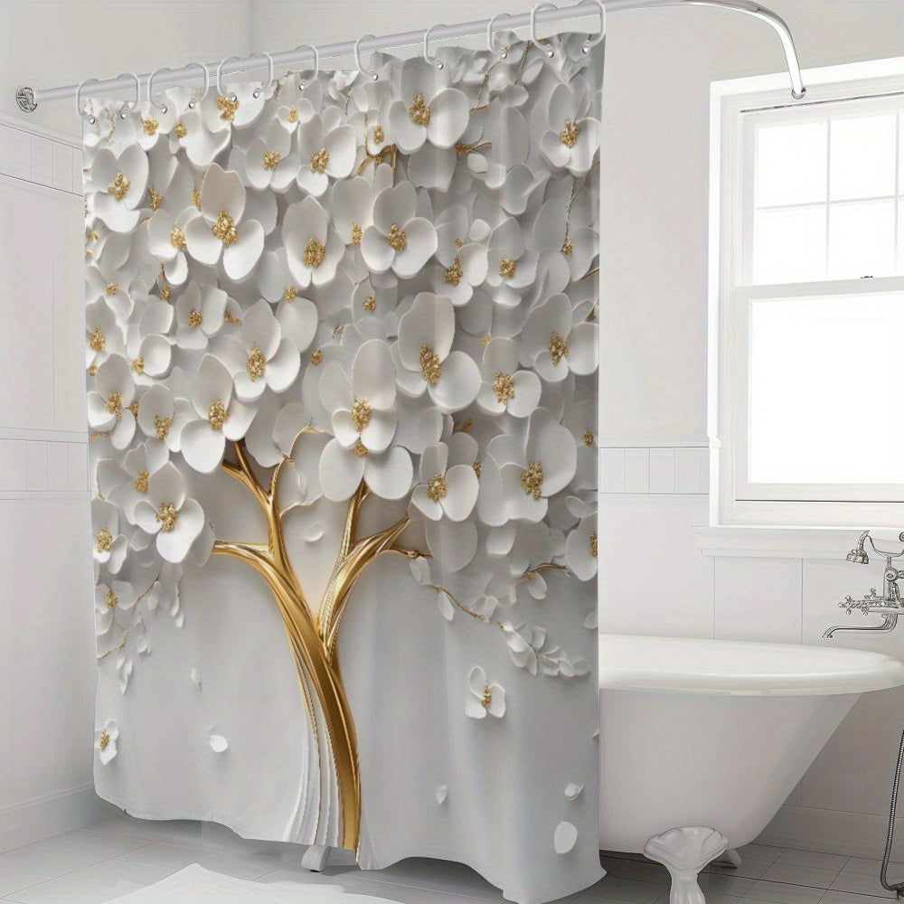 White Floral Waterproof Shower Curtain with 12 Hooks Landscape Theme
