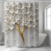 White Floral Waterproof Shower Curtain with 12 Hooks Landscape Theme
