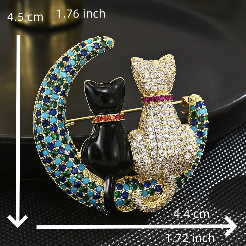 Crystal Cat Moon Brooch Rhinestones Elegant Jewelry Gift for Women