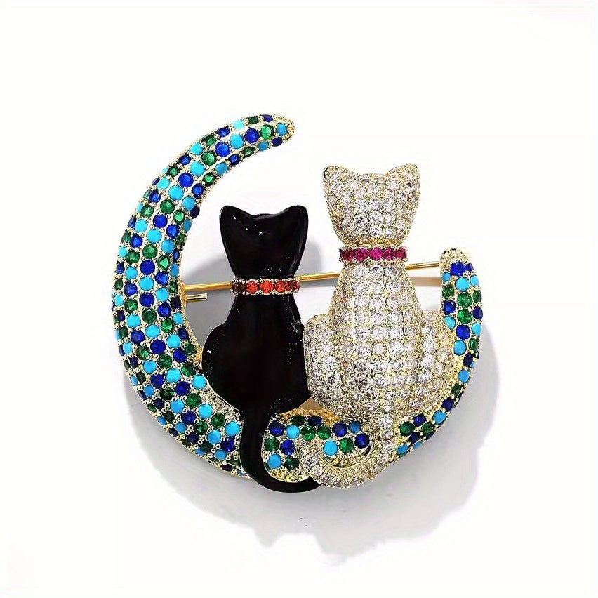 Crystal Cat Moon Brooch Rhinestones Elegant Jewelry Gift for Women