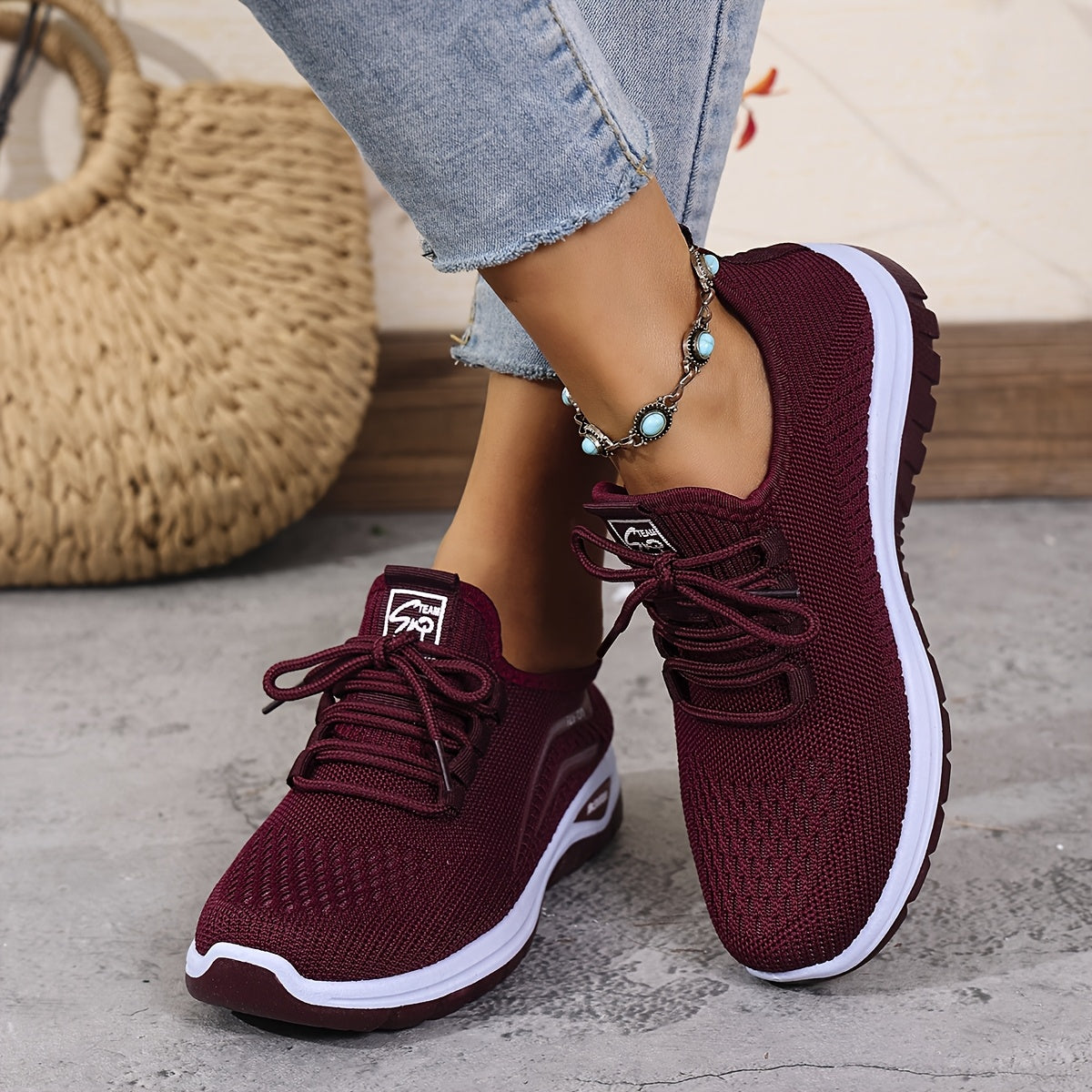 Women's Knitted Running Shoes with Lace-Up, Double-Layer Sole for Walking
