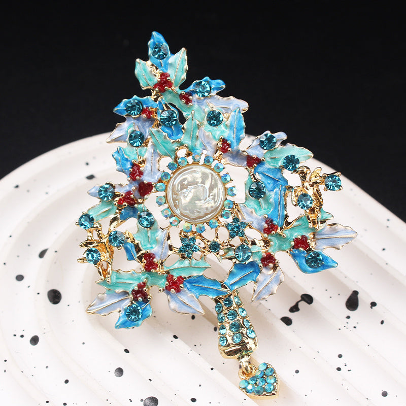 Vintage Enamel Christmas Tree Brooch with Rhinestones Irregular Shape
