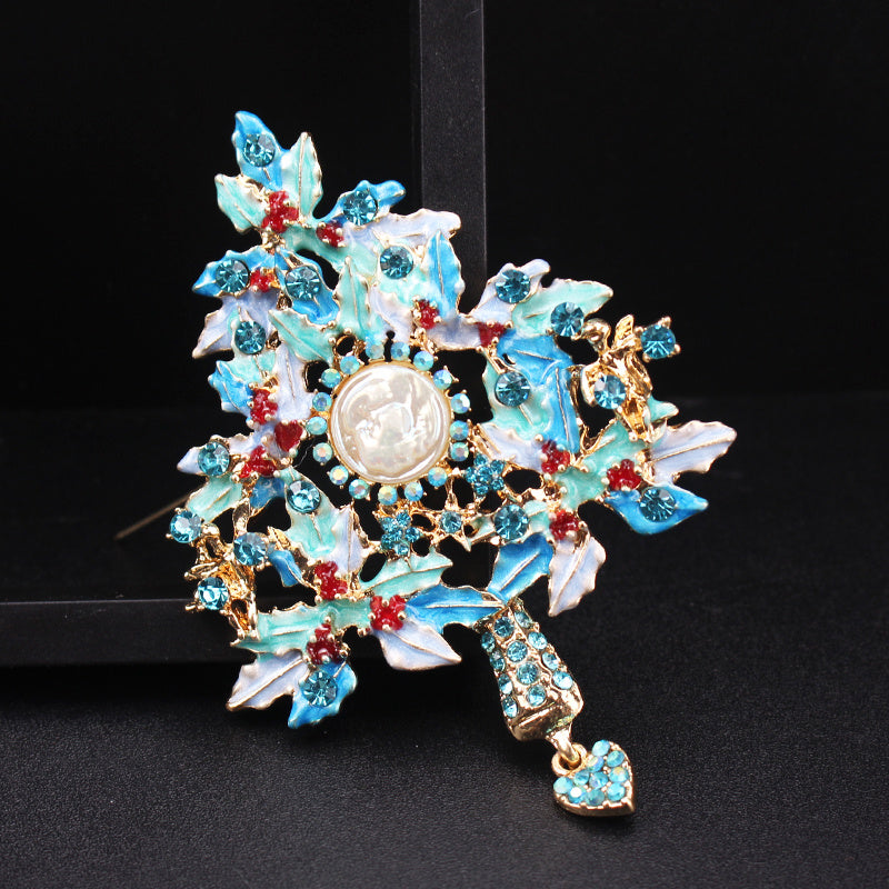 Vintage Enamel Christmas Tree Brooch with Rhinestones Irregular Shape