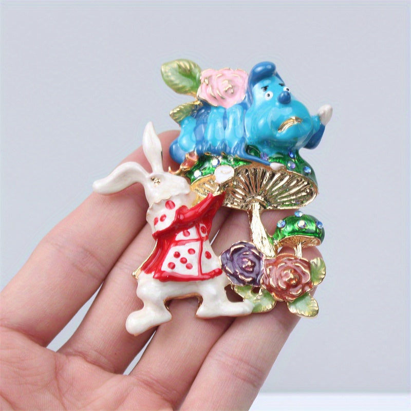 Broche de esmalte con temática animal para hombres y mujeres, diseño de conejo y hongo, joyería con cristales brillantes