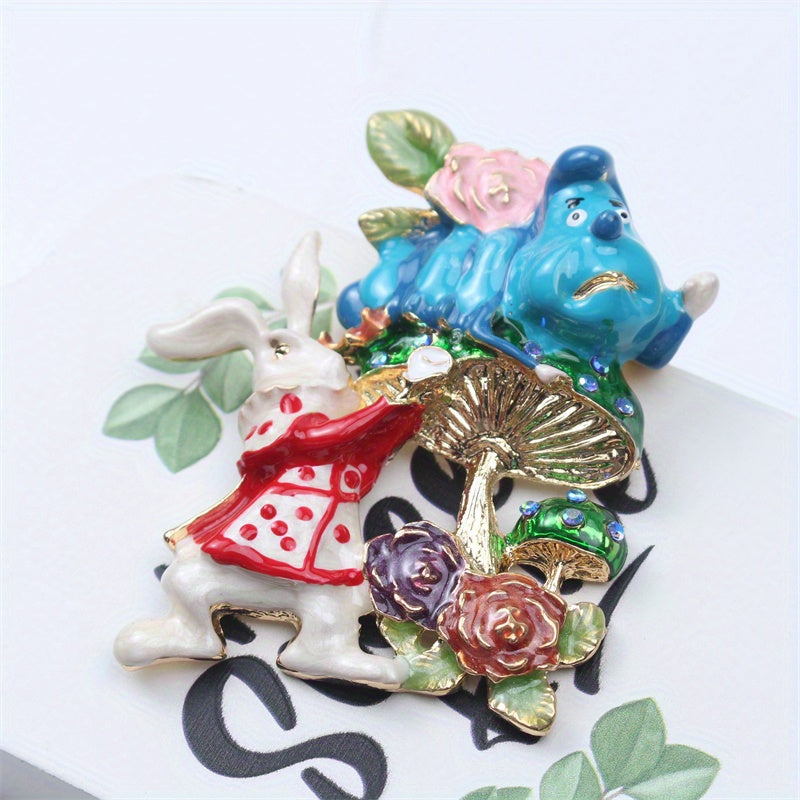 Broche de esmalte con temática animal para hombres y mujeres, diseño de conejo y hongo, joyería con cristales brillantes