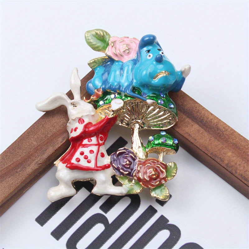 Broche de esmalte con temática animal para hombres y mujeres, diseño de conejo y hongo, joyería con cristales brillantes