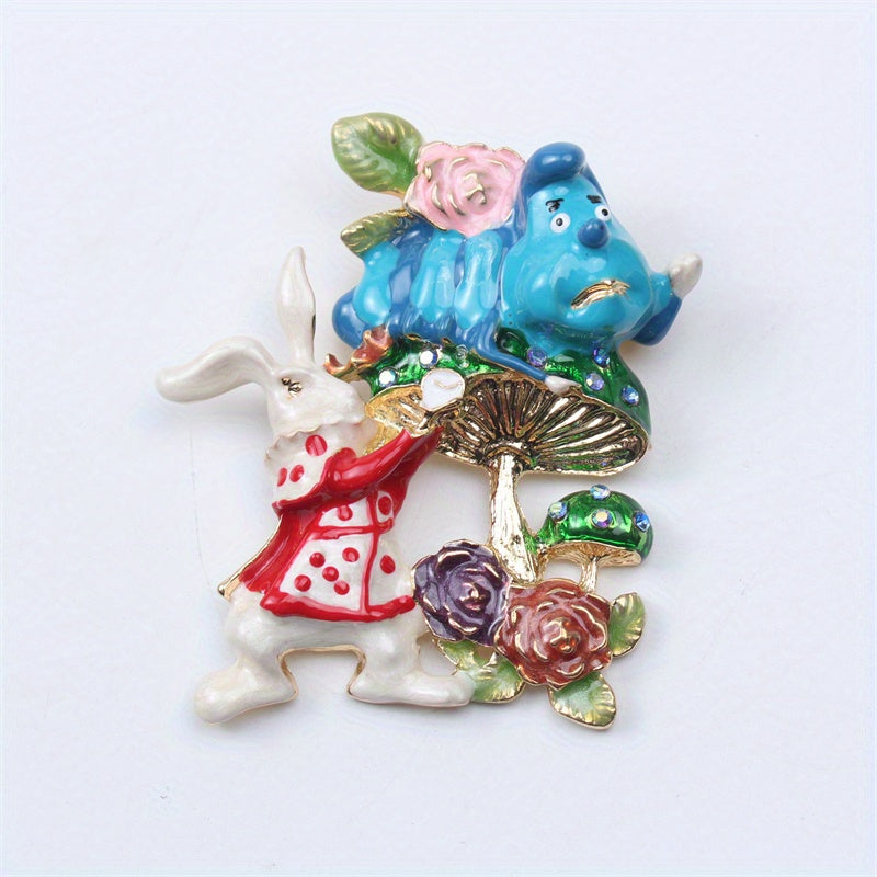 Broche de esmalte con temática animal para hombres y mujeres, diseño de conejo y hongo, joyería con cristales brillantes