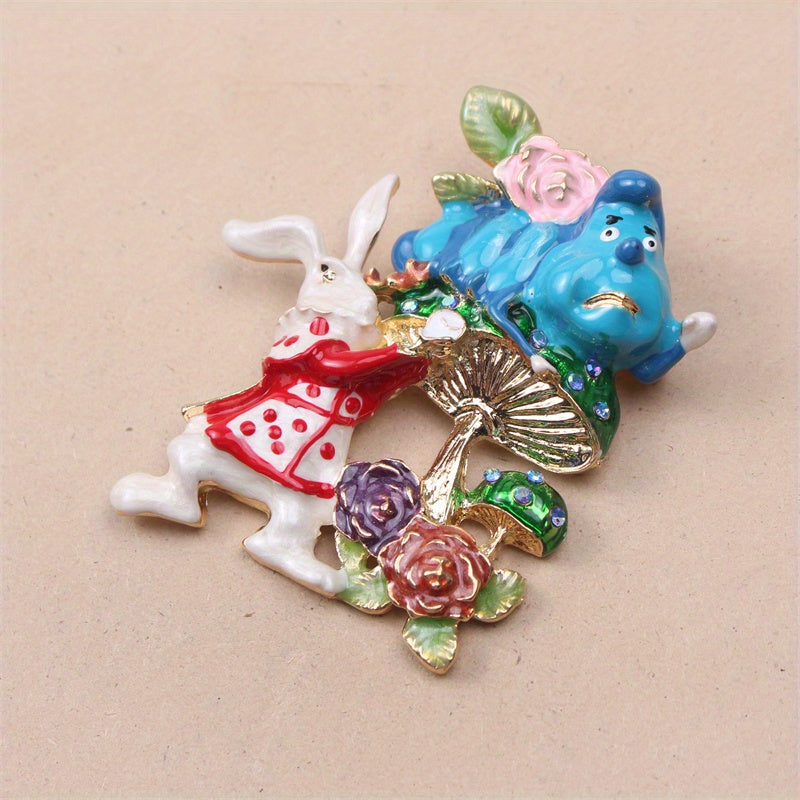 Broche de esmalte con temática animal para hombres y mujeres, diseño de conejo y hongo, joyería con cristales brillantes