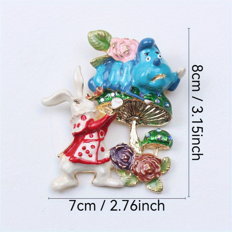 Animal-Themed Enamel Brooch for Men and Women Rabbit and Mushroom Design Sparkling Rhinestones Jewelry
