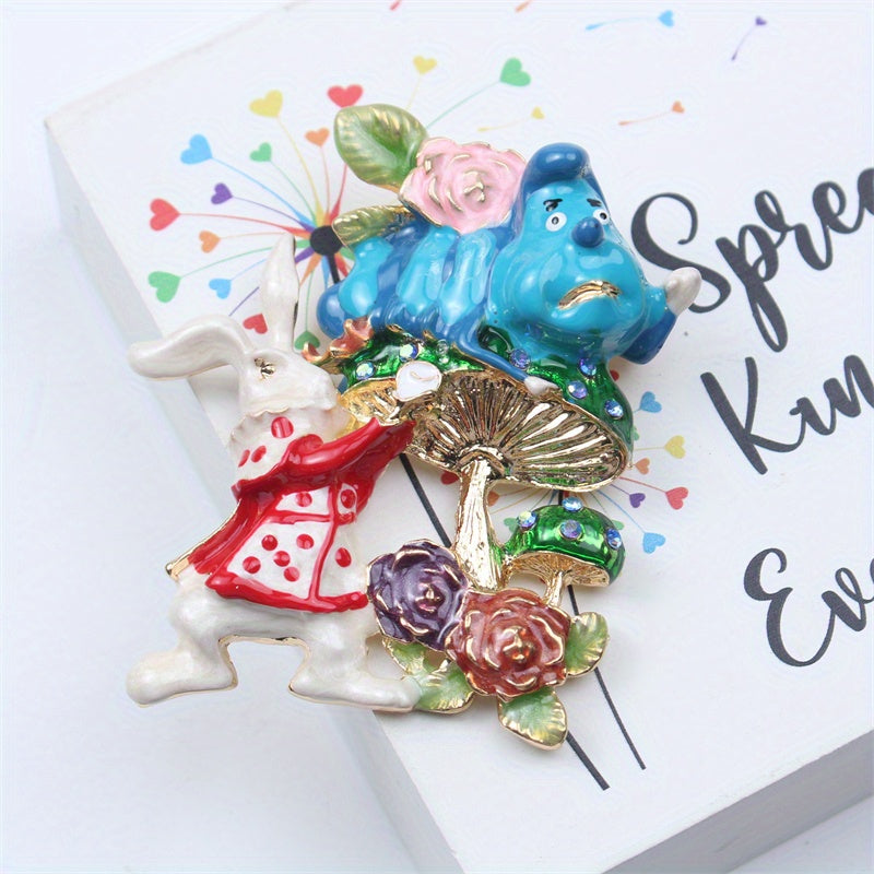 Broche de esmalte con temática animal para hombres y mujeres, diseño de conejo y hongo, joyería con cristales brillantes