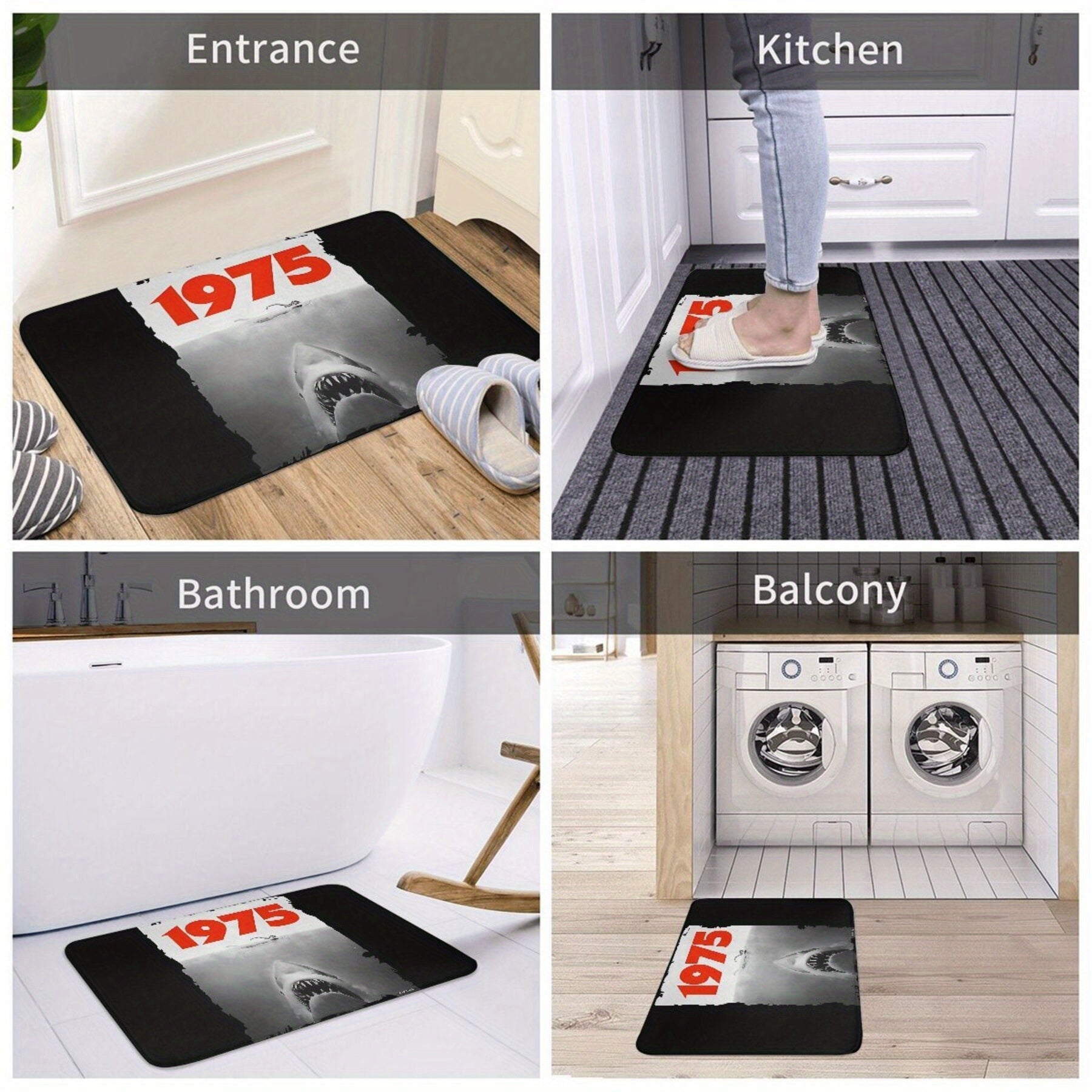 Jaws Fan-Inspired Bathroom Mat Lightweight Polyester Rug Machine Washable Rectangle Shape
