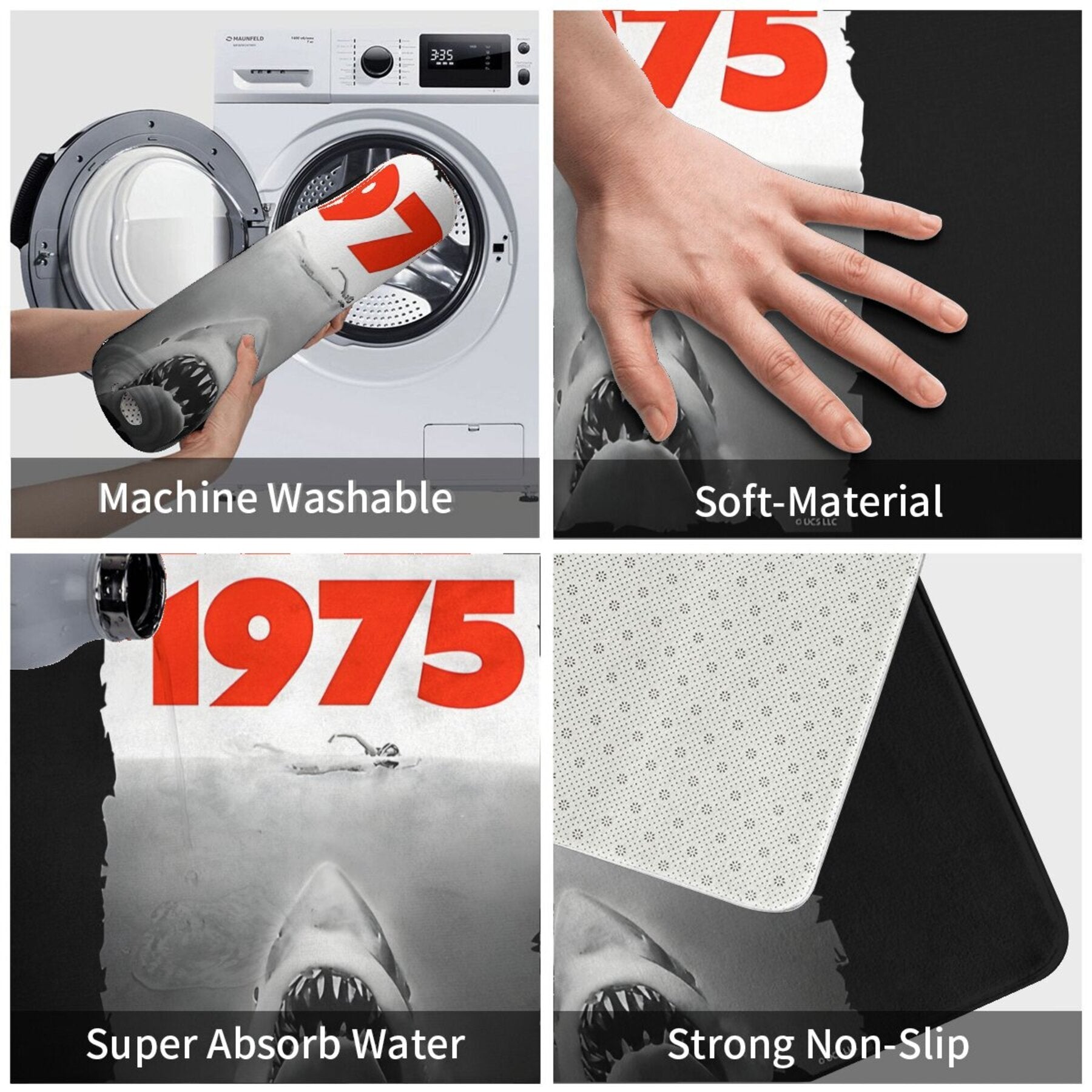 Jaws Fan-Inspired Bathroom Mat Lightweight Polyester Rug Machine Washable Rectangle Shape