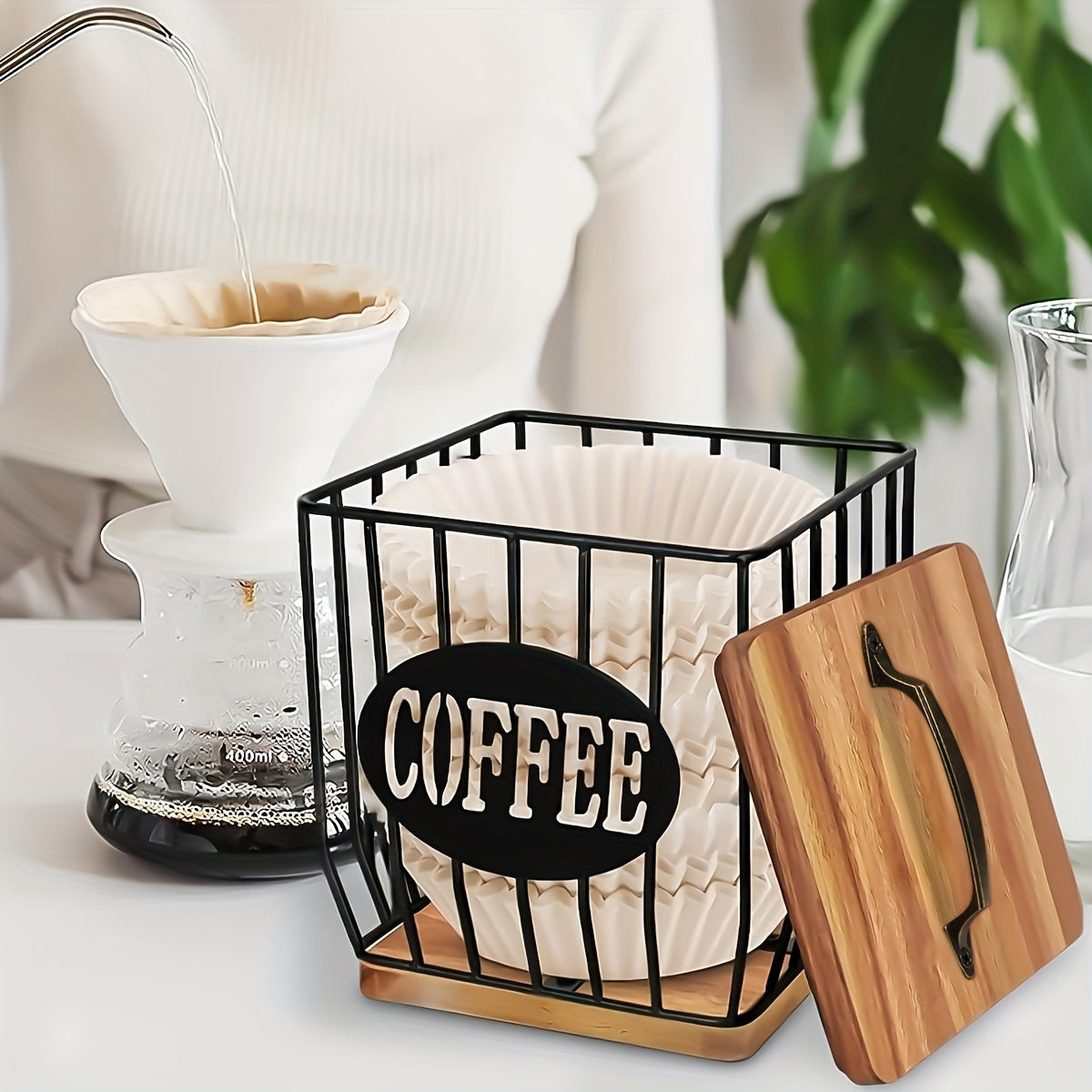 Black Metal Coffee Pod Rack with Wooden Base, Large Capacity Organizer