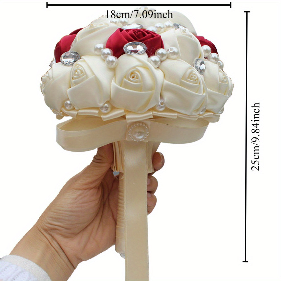 Pearl Bridal Bouquet with Ribbon Artificial Flowers for Weddings and Festivals 18cm