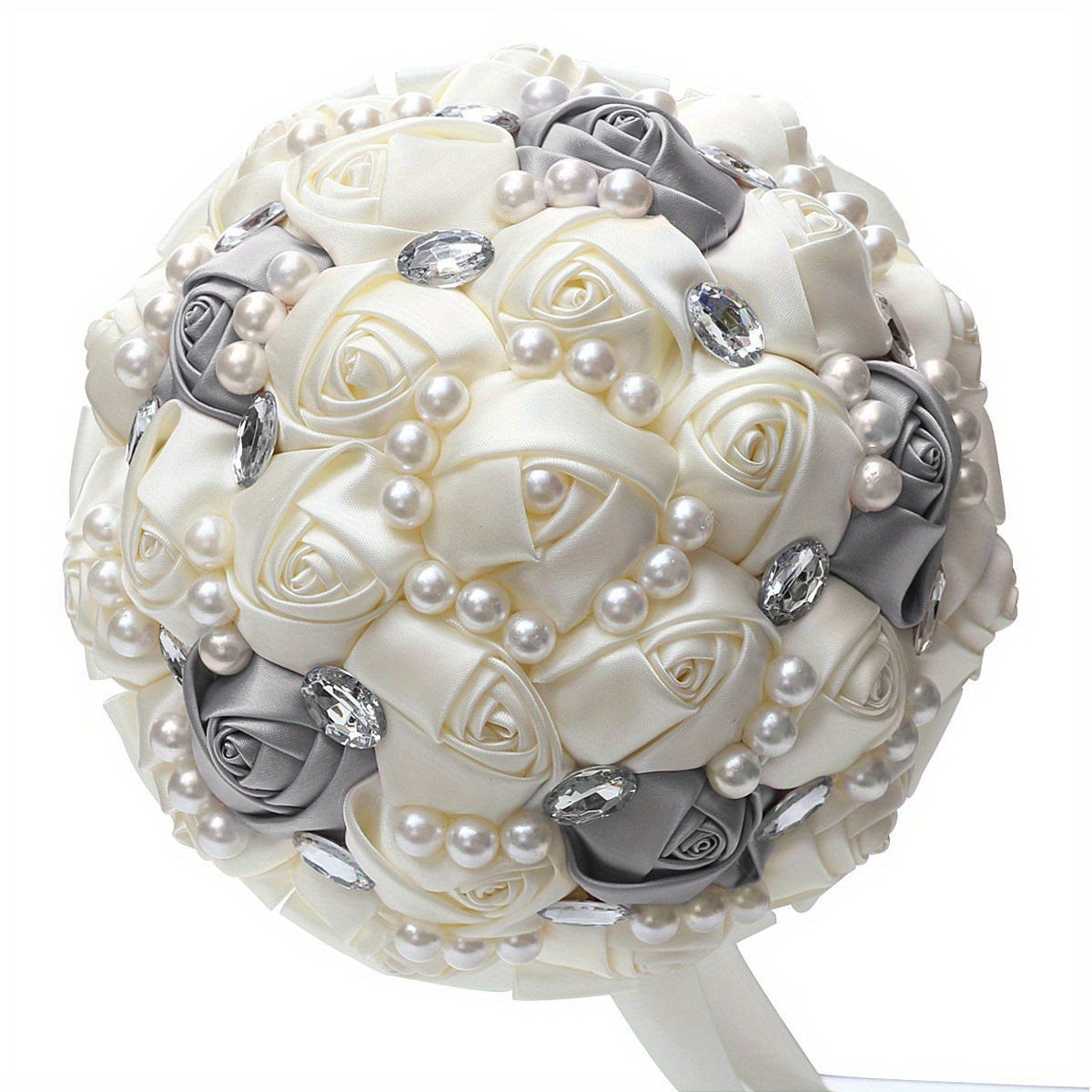 Pearl Bridal Bouquet with Ribbon Artificial Flowers for Weddings and Festivals 18cm