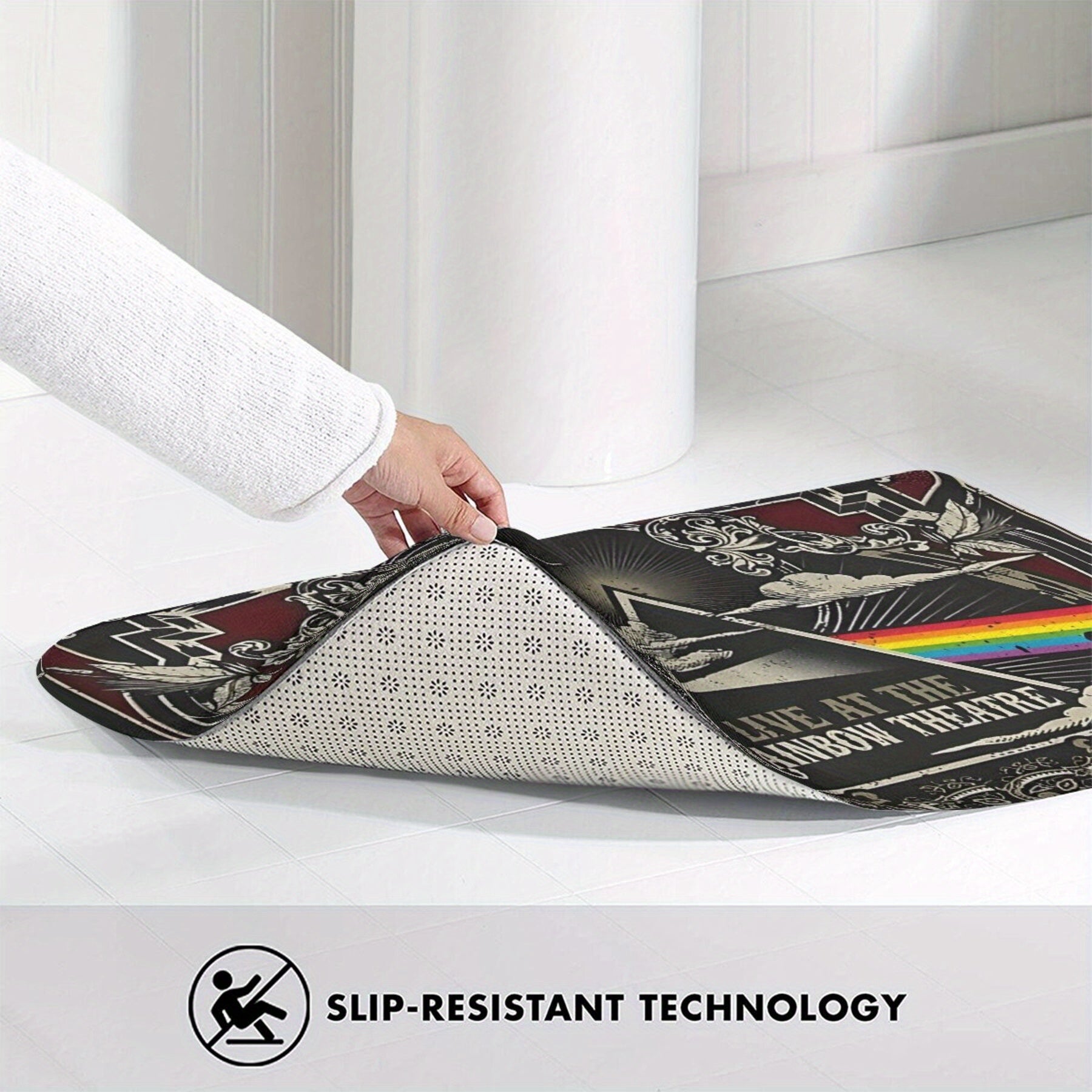 Retro "Rainbow Theatre-da jonli" Dark Side Moon Tour dizayni poliester eshik to'sig'i - yengil, sirpanmaydigan gilam hammom, oshxona, balkon uchun - yuvish mashinasida oson tozalanadi