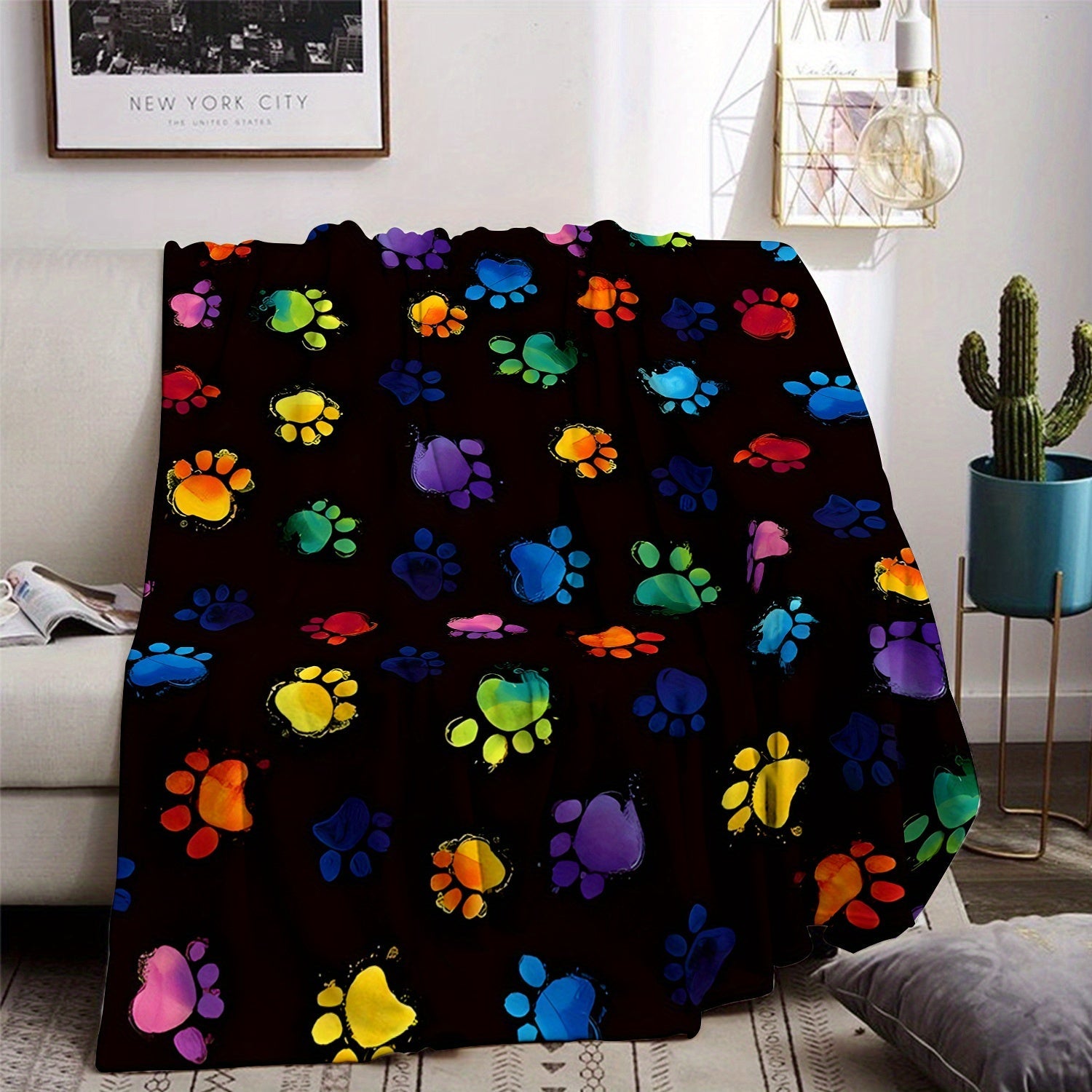 Vibrant Paw Print Flannel Fleece Throw Blanket for Sofa Bed Travel All-Season Cozy